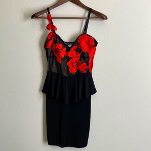 Venus bodycon dress with bold red embroidery boning details